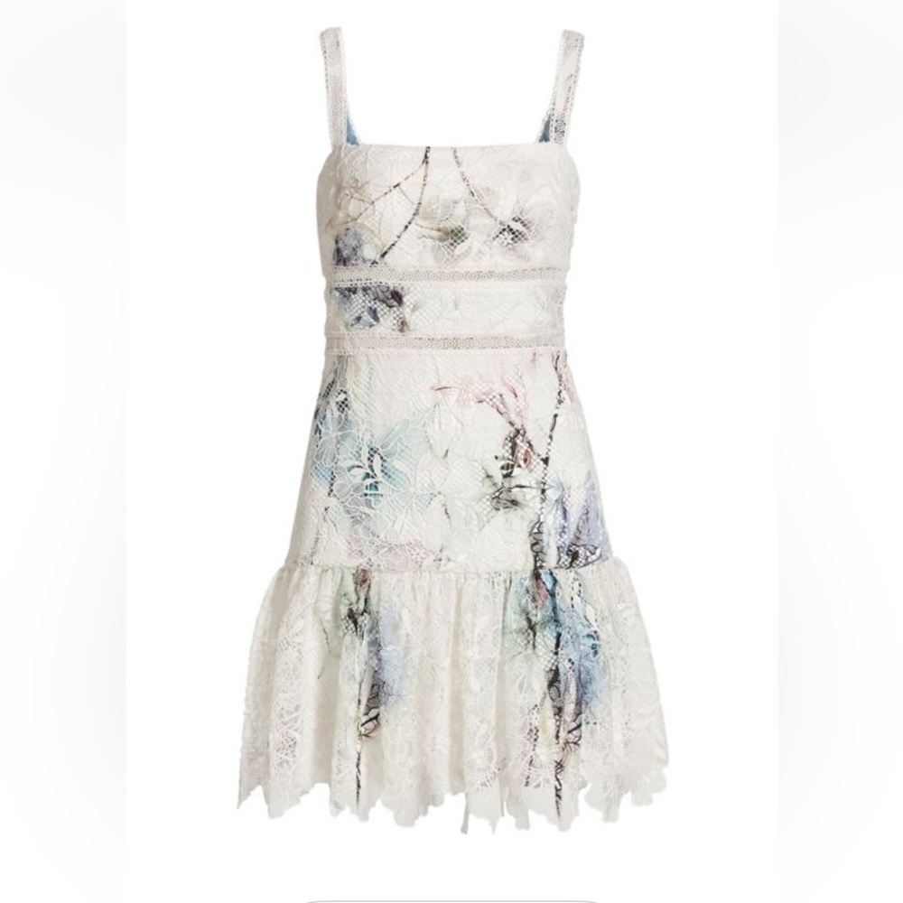Monique Lhuillier White and Purple/Blue Floral Lace Mini Dress